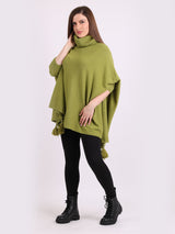 Ladies Plain Cowl Neck Batwing Tassels Poncho