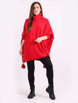 Ladies Plain Cowl Neck Batwing Tassels Poncho