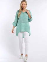 Plain High Low Women Linen Hooded Top