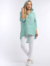 Plain High Low Women Linen Hooded Top