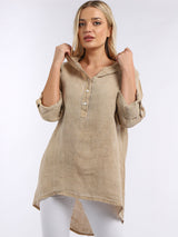 Plain High Low Women Linen Hooded Top