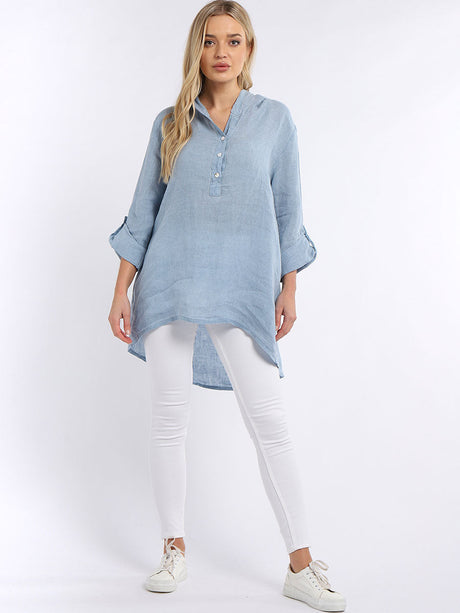 Plain High Low Women Linen Hooded Top