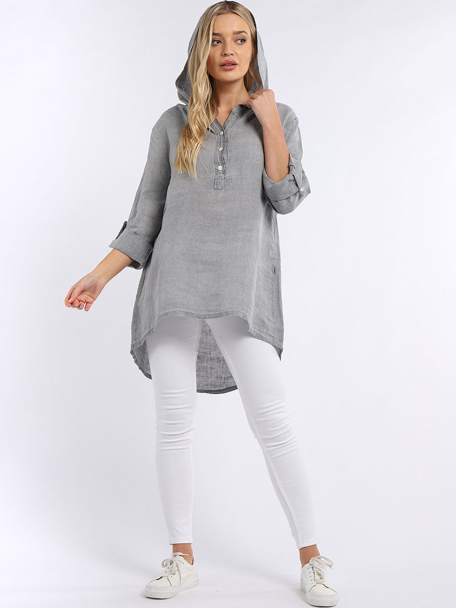 Plain High Low Women Linen Hooded Top Yayavoo UK