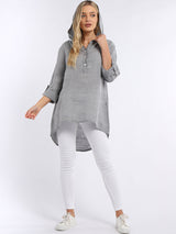 Plain High Low Women Linen Hooded Top