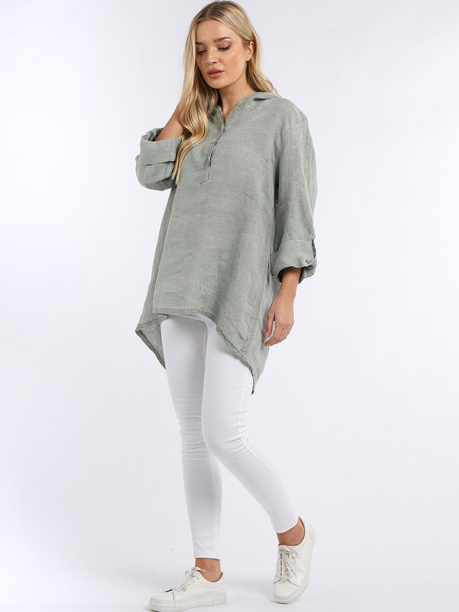 Plain High Low Women Linen Hooded Top Khaki One Size UK 10 16