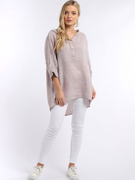 Plain High Low Women Linen Hooded Top