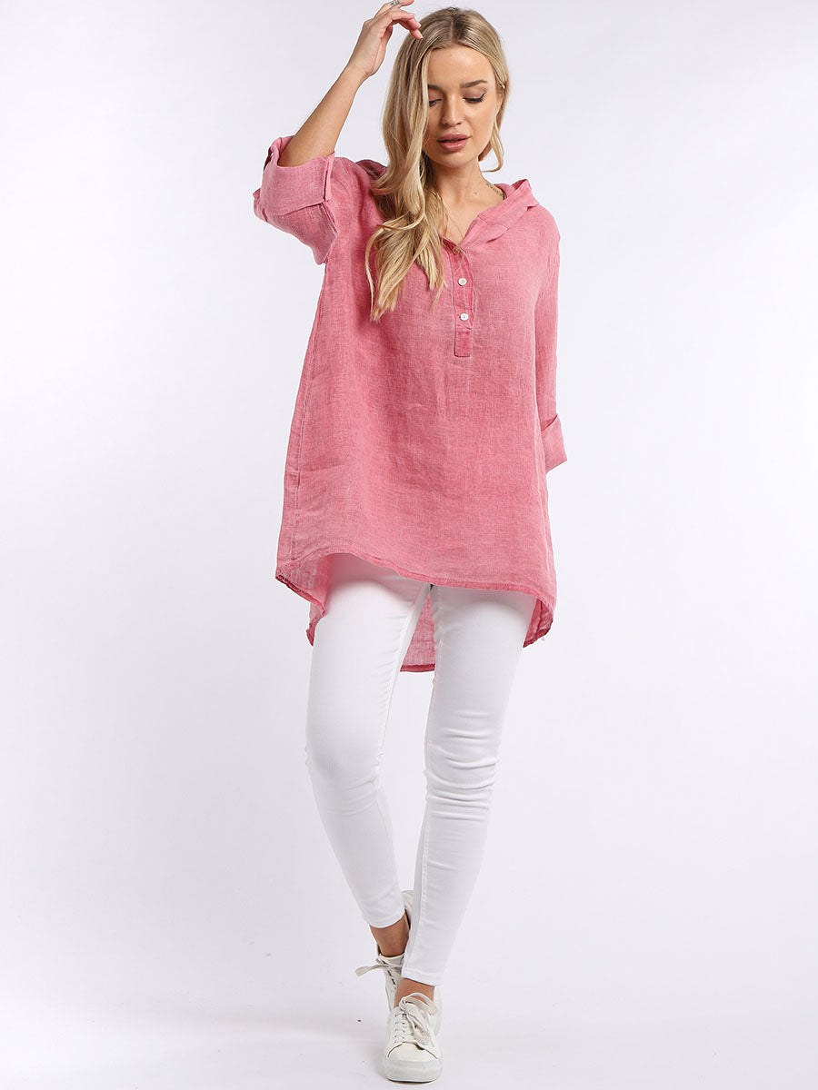 Plain High Low Women Linen Hooded Top