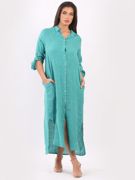 Ladies Front Buttons Linen Shirt Dress