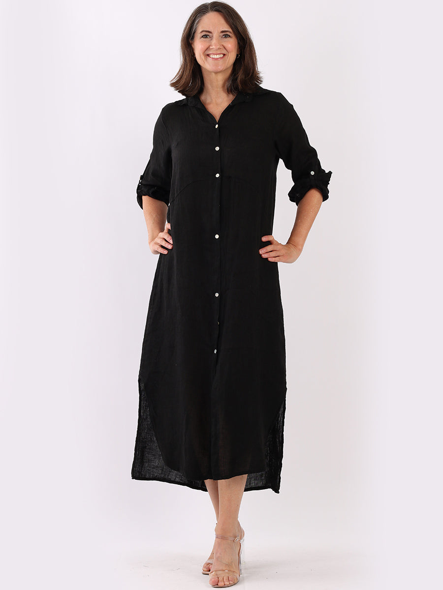 Ladies Front Buttons Linen Shirt Dress Black One Size UK 8 14