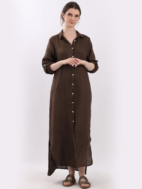 Ladies Front Buttons Linen Shirt Dress