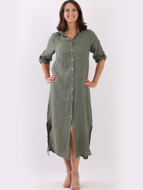 Ladies Front Buttons Linen Shirt Dress