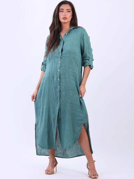 Ladies Front Buttons Linen Shirt Dress