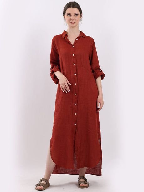 Ladies Front Buttons Linen Shirt Dress