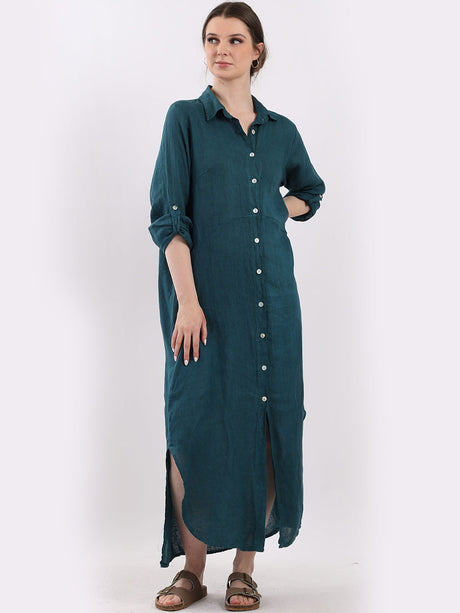 Ladies Front Buttons Linen Shirt Dress