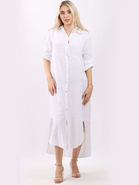 Ladies Front Buttons Linen Shirt Dress