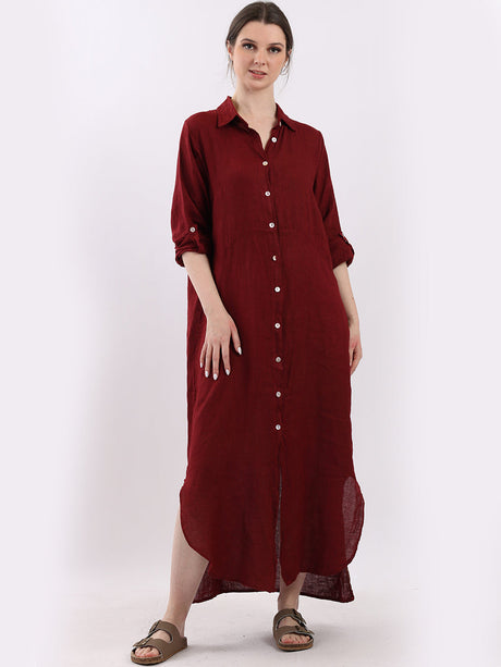 Ladies Front Buttons Linen Shirt Dress