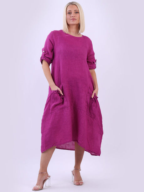 Plain Plus Size Ladies Linen Lagenlook Quirky Midi Dress