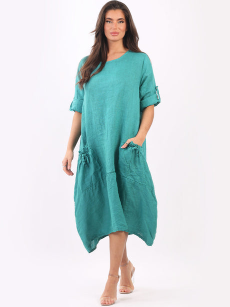 Plain Plus Size Ladies Linen Lagenlook Quirky Midi Dress