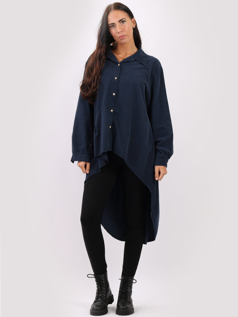 Ladies Plain Dipped Hem Cotton Corduroy Shirt Dress