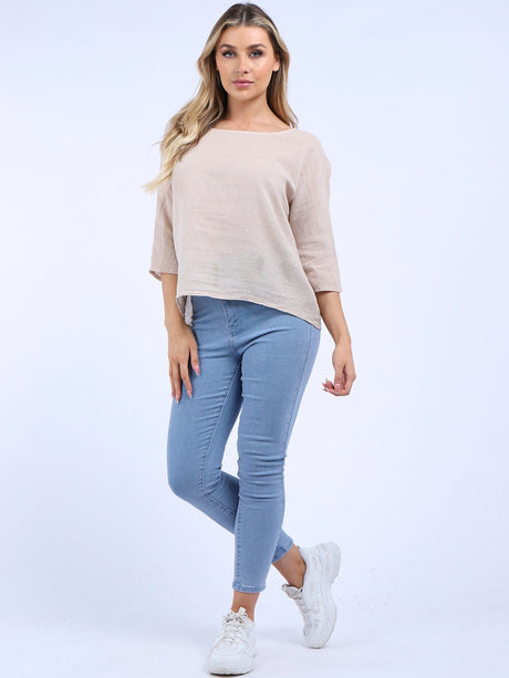 Ladies Plain Linen Blend Crop Boxy Top