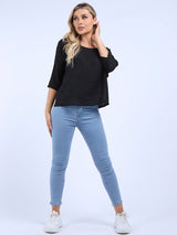 Ladies Plain Linen Blend Crop Boxy Top