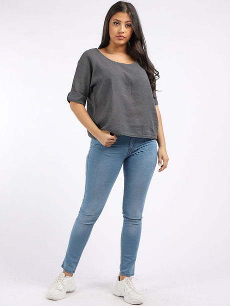 Ladies Plain Linen Blend Crop Boxy Top