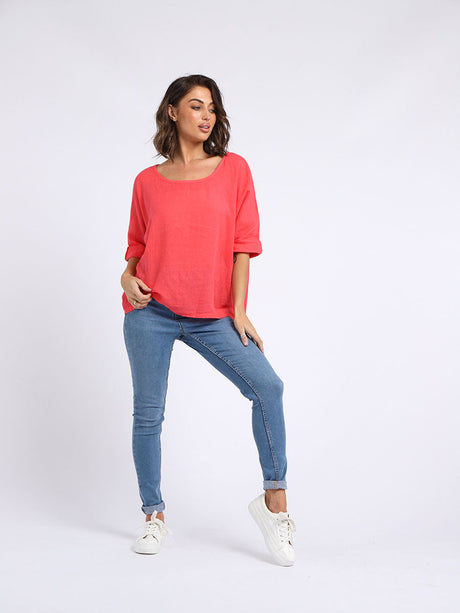 Ladies Plain Linen Blend Crop Boxy Top