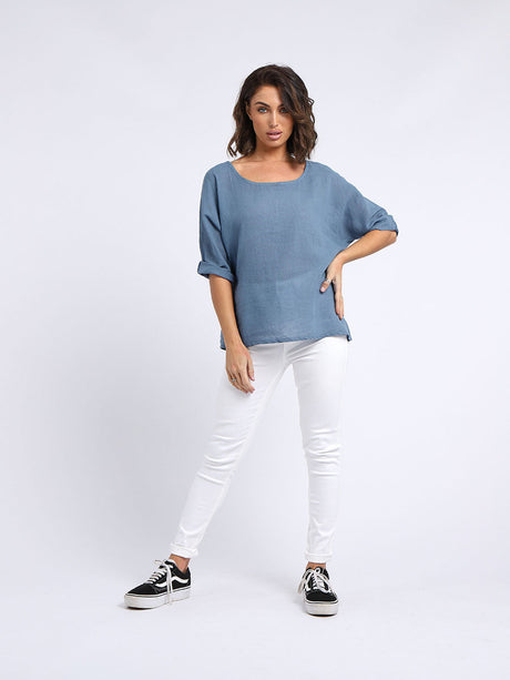 Ladies Plain Linen Blend Crop Boxy Top