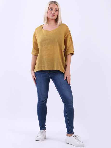 Ladies Plain Linen Blend Crop Boxy Top