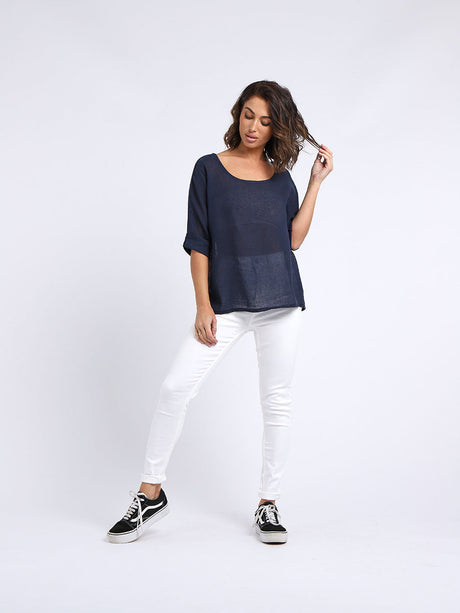 Ladies Plain Linen Blend Crop Boxy Top