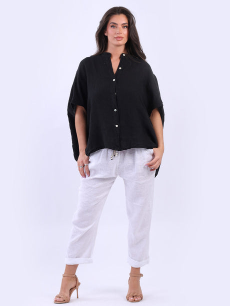 Ladies Front Button Solid Linen Batwing Top