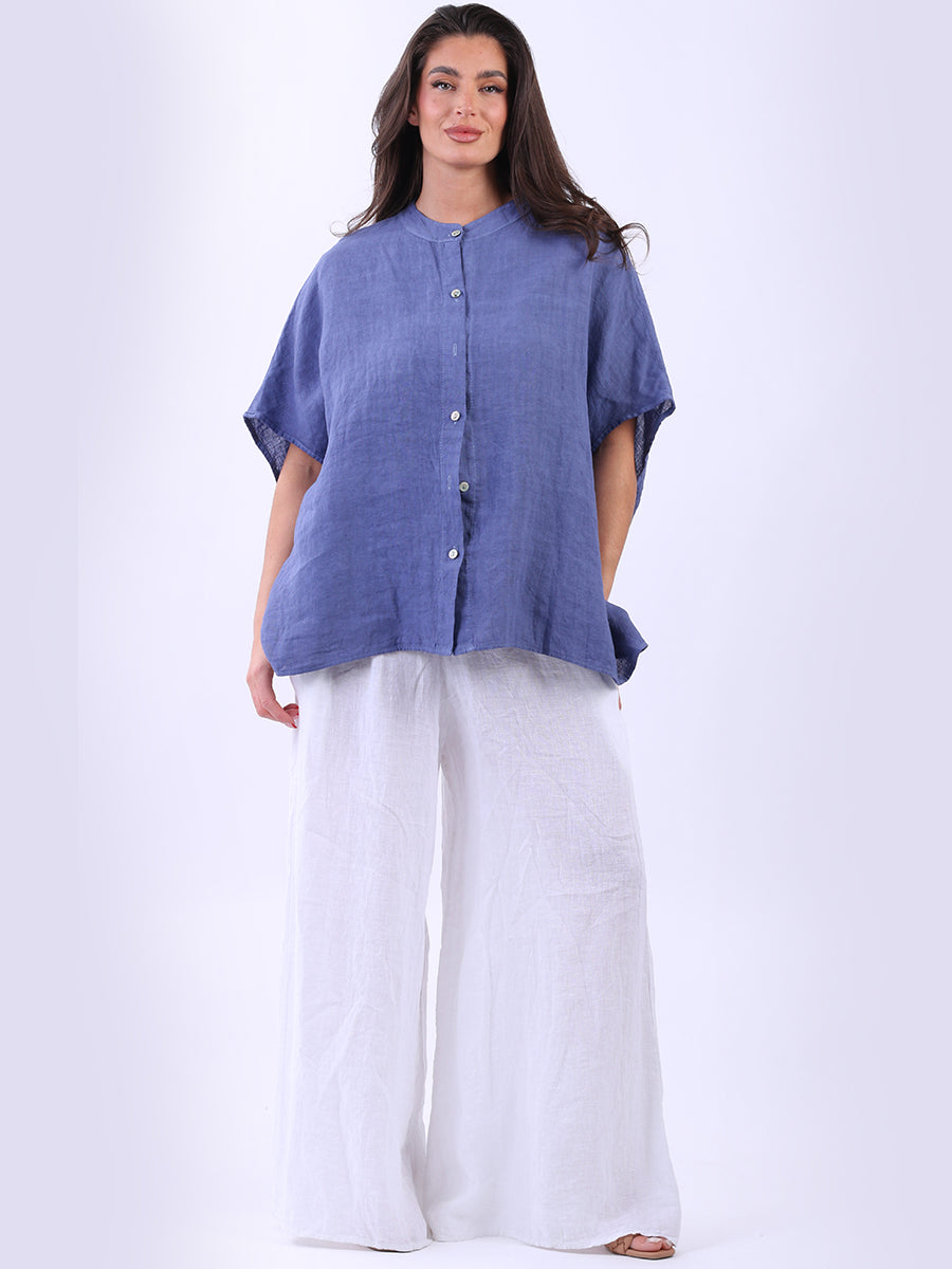 Ladies Front Button Solid Linen Batwing Top