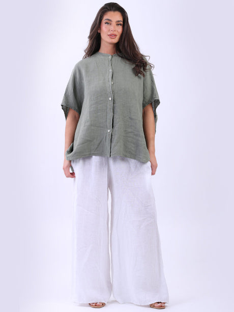 Ladies Front Button Solid Linen Batwing Top