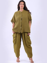 Ladies Front Button Solid Linen Batwing Top