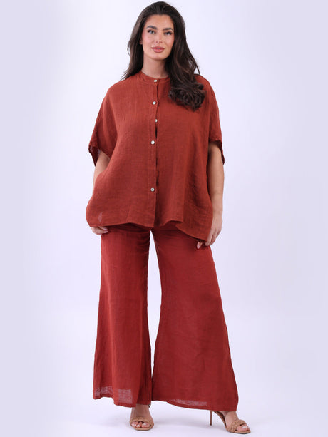 Ladies Front Button Solid Linen Batwing Top