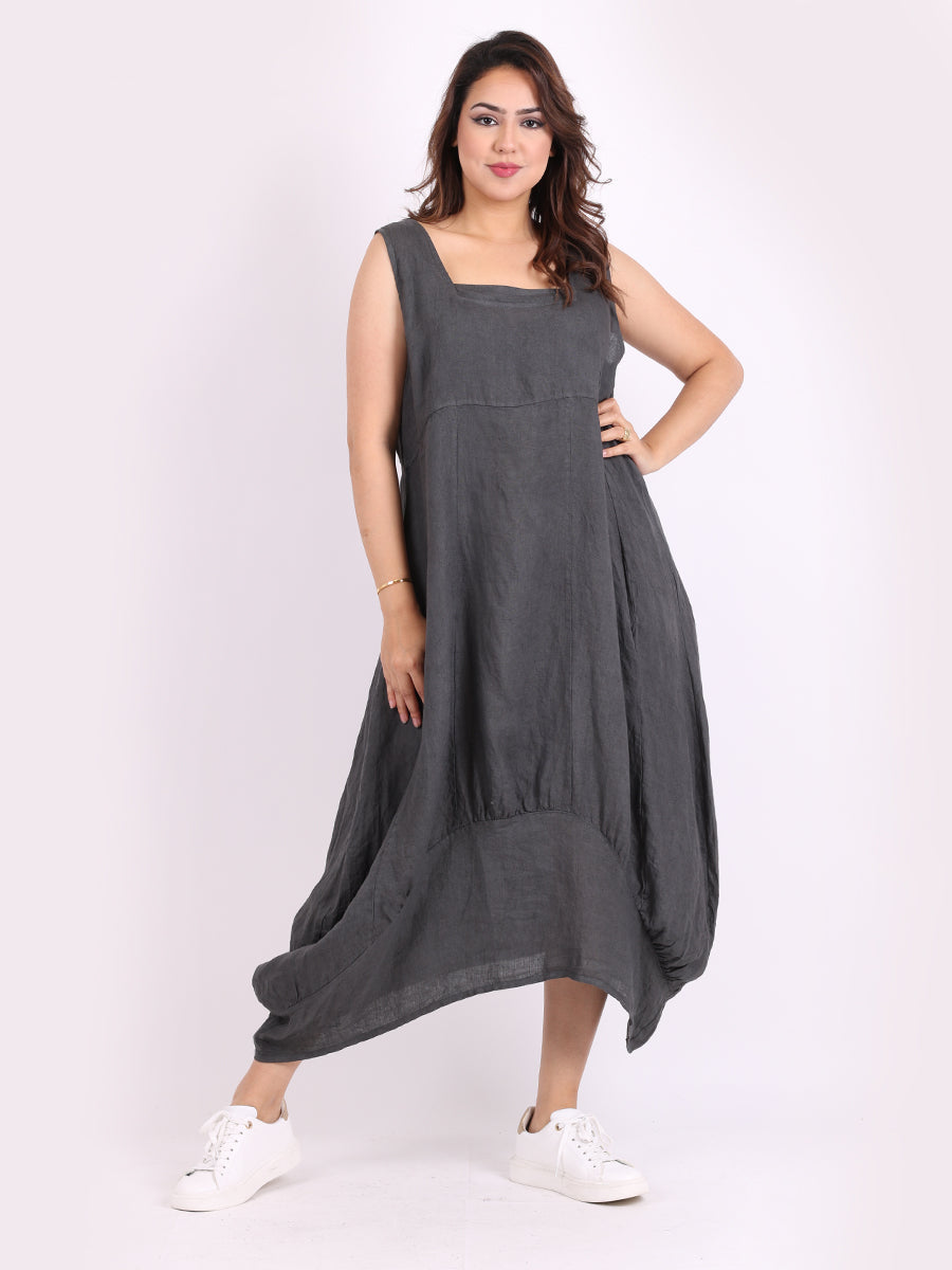 Plain Linen Balloon Hem Tank Maxi Dress Charcoal One Size UK 10 16