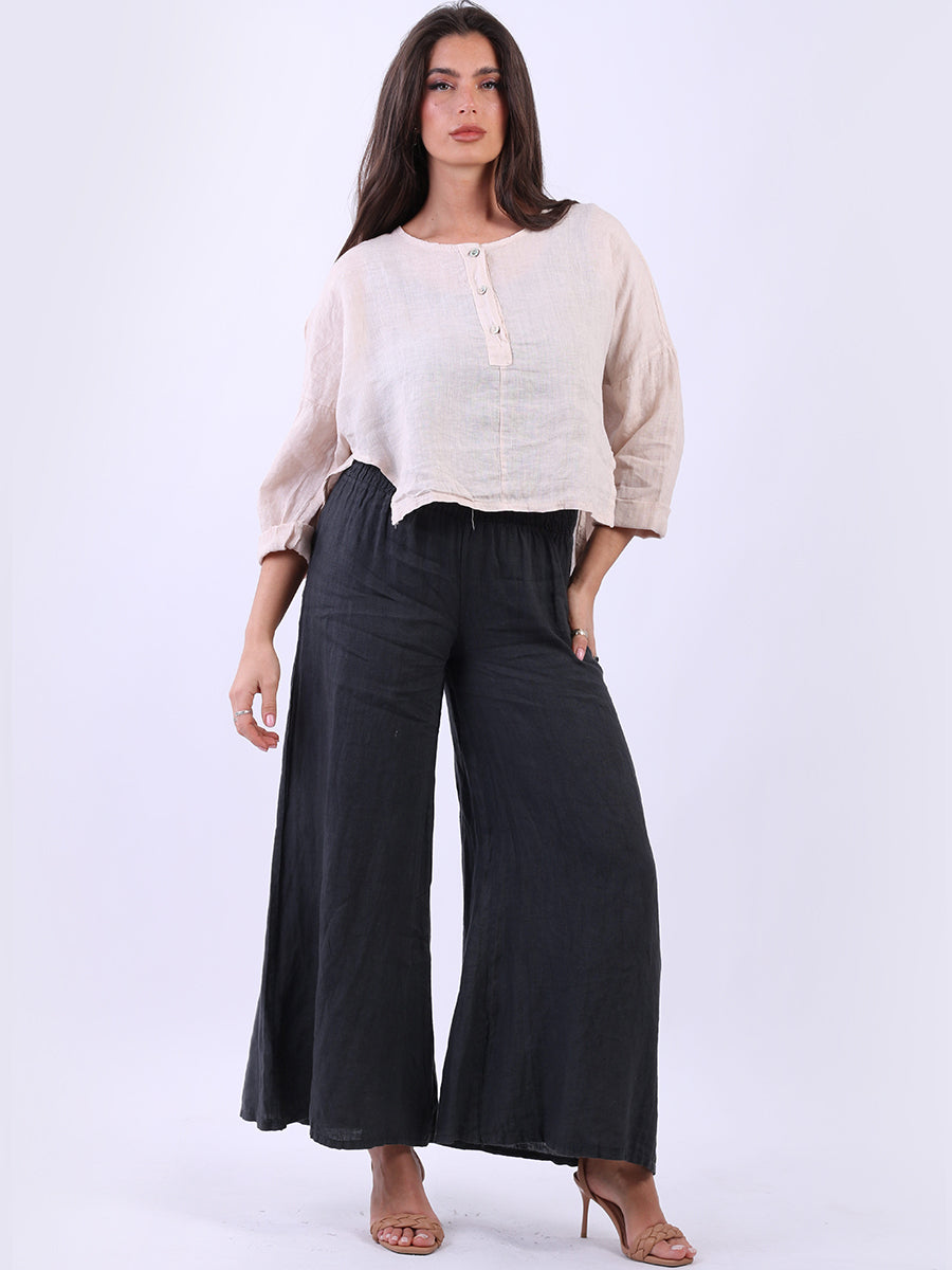 Front Button Placket Plain Linen Ladies Crop Top