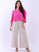 Front Button Placket Plain Linen Ladies Crop Top