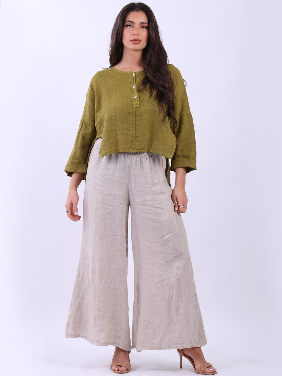 Front Button Placket Plain Linen Ladies Crop Top