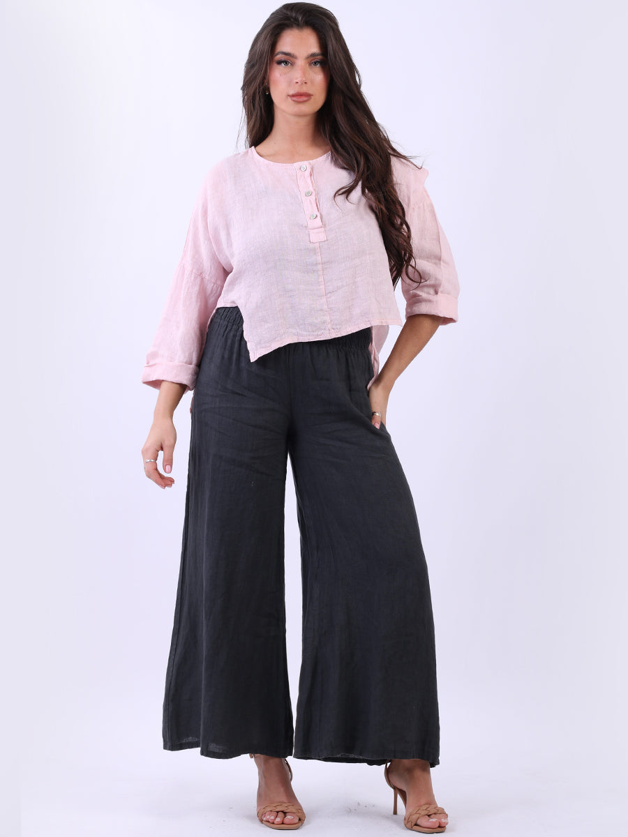 Front Button Placket Plain Linen Ladies Crop Top