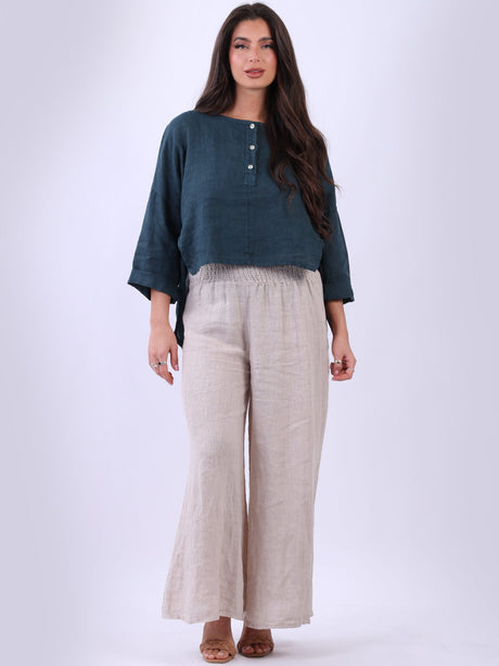 Front Button Placket Plain Linen Ladies Crop Top