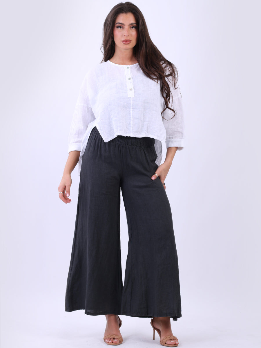 Front Button Placket Plain Linen Ladies Crop Top