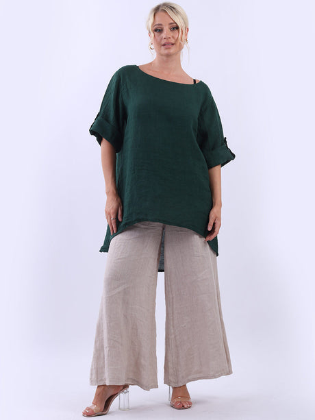 Solid Linen Dip Hem Baggy Loose Fit Top