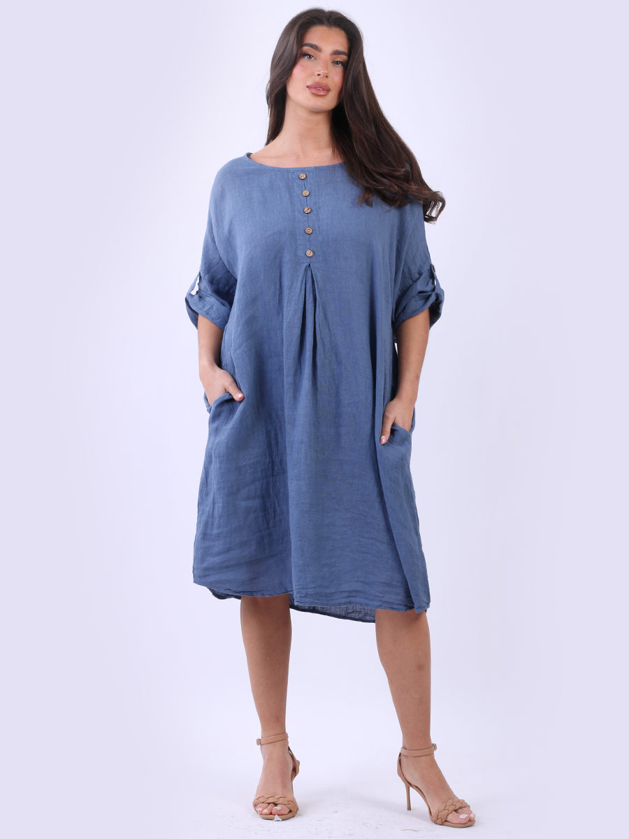 Plus Size Side Pocket Linen Lagenlook Midi Dress Denim One Size UK Fit 12 18