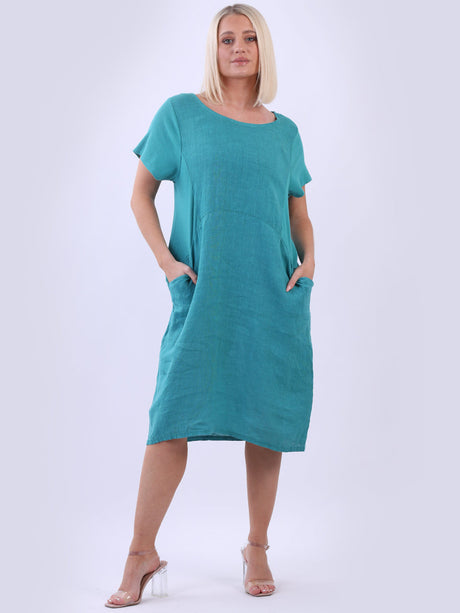 Ladies Plain Ribbed Knee Length Linen Shift Dress