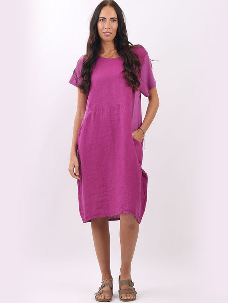 Ladies Plain Ribbed Knee Length Linen Shift Dress