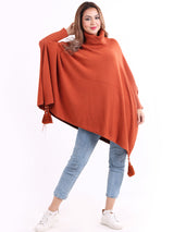 Ladies Plain Cowl Neck Batwing Tassels Poncho