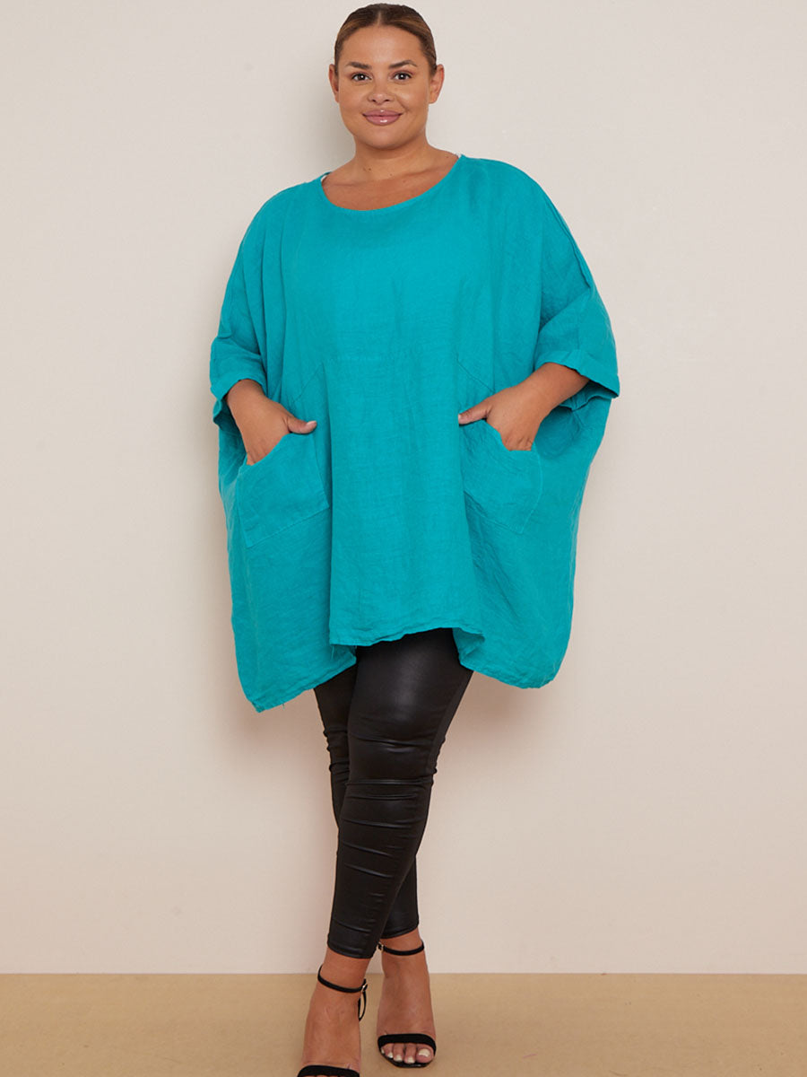 Ladies Plain Plus Size Linen Batwing Slouchy Top Aqua One Size UK 22 38