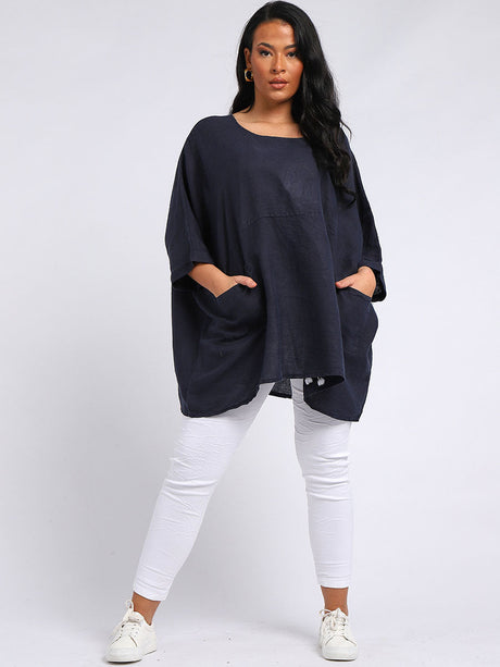 Ladies Plain Plus Size Linen Batwing Slouchy Top