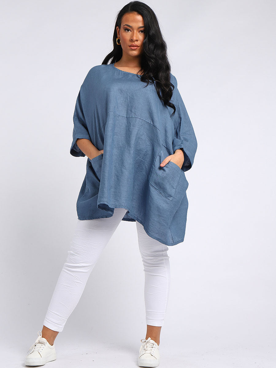 Ladies Plain Plus Size Linen Batwing Slouchy Top